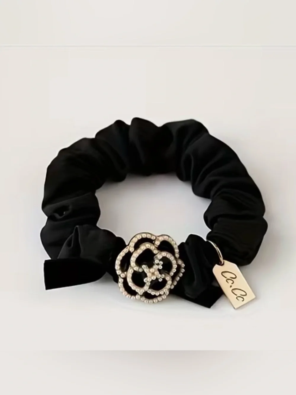 Camellia Black Flower Satin Scrunchy with Pearl-Embellished Charm